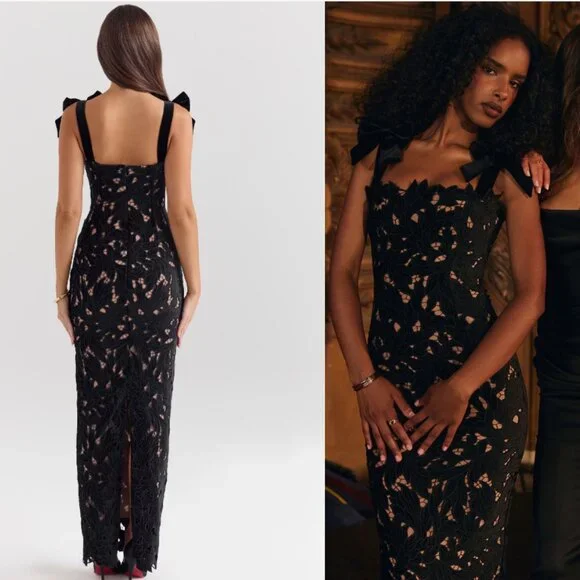 House of CB 'Tiff' Black Velvet Lace Maxi Dress NWT
